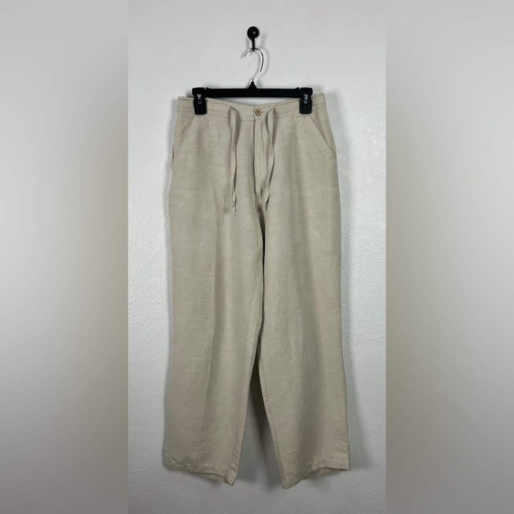 Cubavera Lounge Pants Womens Medium Tan Linen Blend Pockets Drawstring Wide Leg